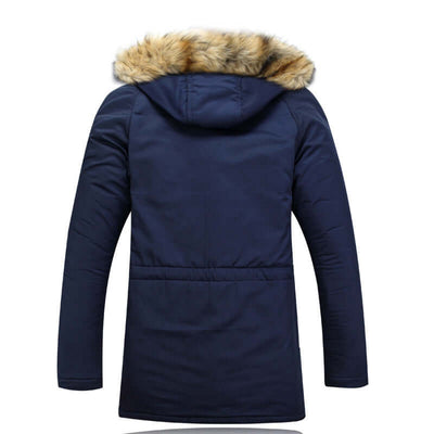 Navy padded winter coat with hood and faux fur lining, designed for warmth and comfort.