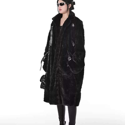 Dark style imitation fur plush coat for women, mid-length with long sleeves and stand collar, perfect for street fashion.