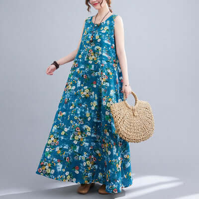 Printed Cotton Linen Round Neck Sleeveless Dress Women's eprolo