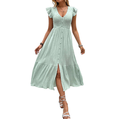 New V-neck slit fresh light green textured dress for women eprolo