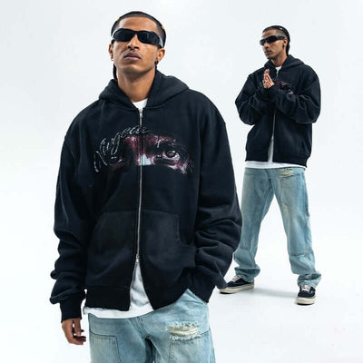 Washed Printed Hoodie Spray Paint Fleece-lined Double Zipper Coat eprolo