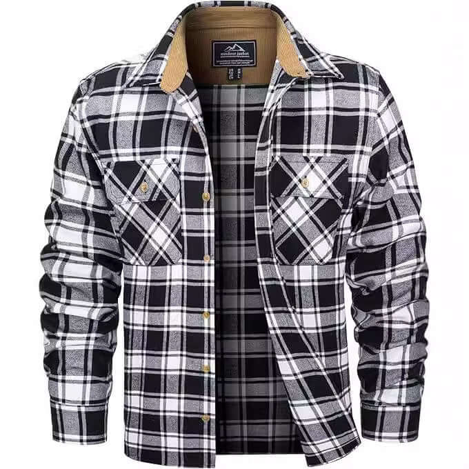 Black and white plaid flannel shirt for men, featuring button-up front and two chest pockets, ideal for casual wear.