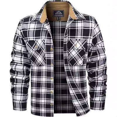 Black and white plaid flannel shirt for men, featuring button-up front and two chest pockets, ideal for casual wear.