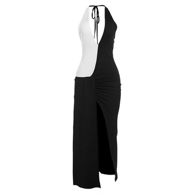 Black And White Contrast Color Split Dress Women eprolo
