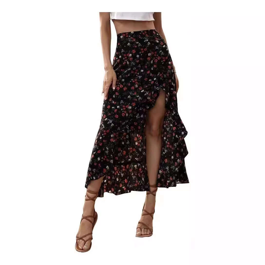 Printed Ruffled Side Slit Skirt eprolo