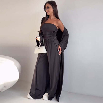 Casual Mid-calf Top Vest Long Cardigan Wide-leg Pants Three-piece Set eprolo