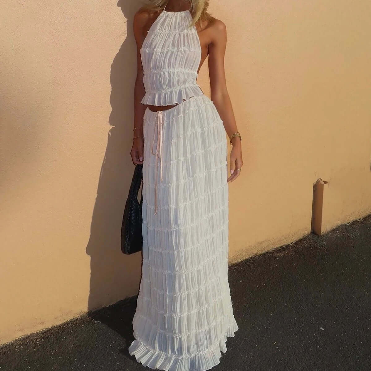 2pcs Women's Dress Suit Sexy Sleeveless Backless Cropped Halter Top And Pleated Long Skirt Beach Clothing eprolo