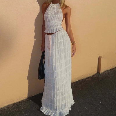 2pcs Women's Dress Suit Sexy Sleeveless Backless Cropped Halter Top And Pleated Long Skirt Beach Clothing eprolo