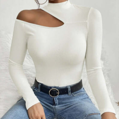 Ladies' Solid Color Elegant High Neck Sloping Shoulder Off The Shoulder Sexy T-shirt Top eprolo