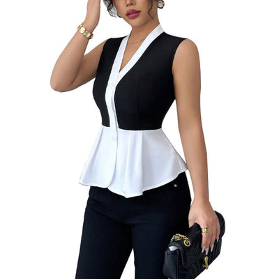 Women's sleeveless contrast color shirt in black and white, slim fit, stylish and elegant design.