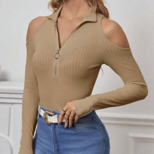 Women's Solid Color Long Sleeved Off Shoulder Zipper Design Slim Fit Home Clothing Top eprolo