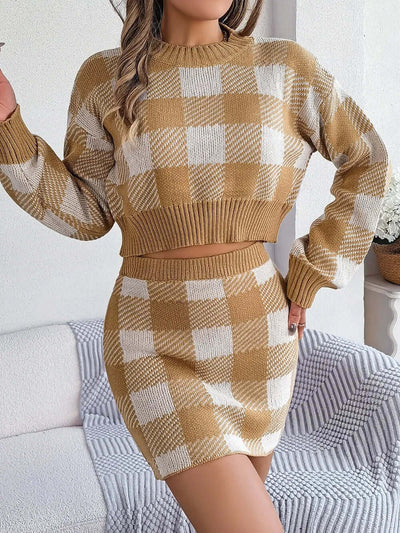 Plaid Round Neck Top and Skirt Sweater Set eprolo