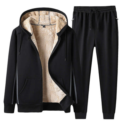 Men's black leisure sports suit with long sleeve hoodie and sweatpants, perfect for casual wear and exercise.
