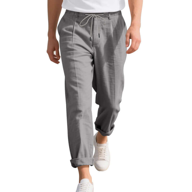 American Linen Men's Casual Pants in gray, loose straight fit, ideal for summer leisure wear.