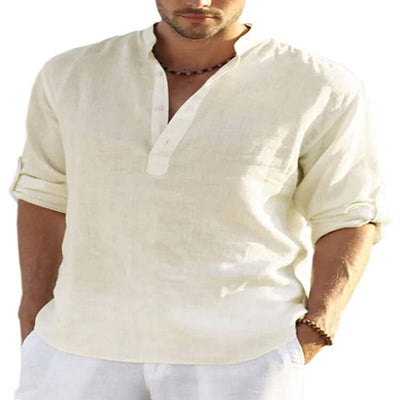 Men's Casual Cotton Linen Solid Color Long Sleeve Shirt Loose Stand Collar Astrazona
