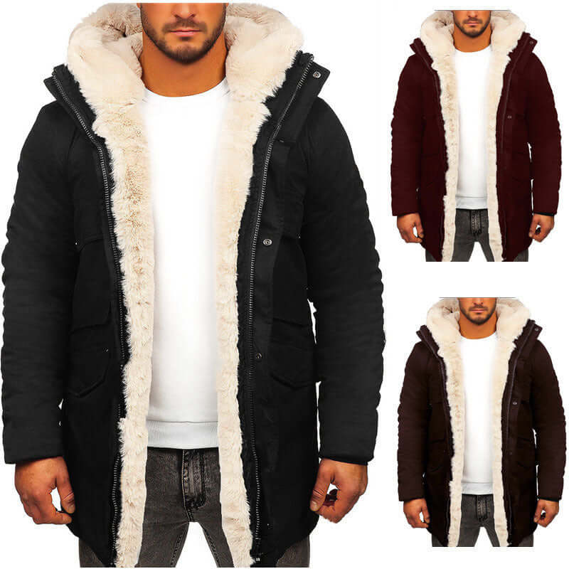Men's fur hooded jacket in black, wine red, and brown, featuring a thick faux fur lining for warmth.