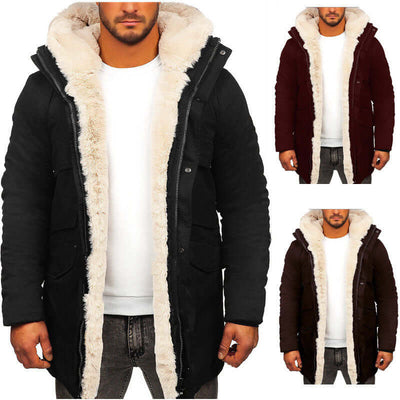 Men's fur hooded jacket in black, wine red, and brown, featuring a thick faux fur lining for warmth.