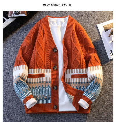 Men's casual knit cardigan in orange with patterned sleeves, perfect for a stylish and warm outfit.