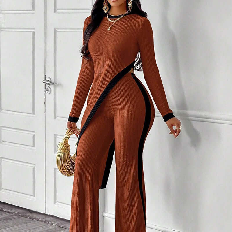 Women's 2 Piece Outfit Sexy Asymmetrical Hem Long Sleeve Top And Wide Leg Pants Sets Elegant Vacation Going Out Suit eprolo