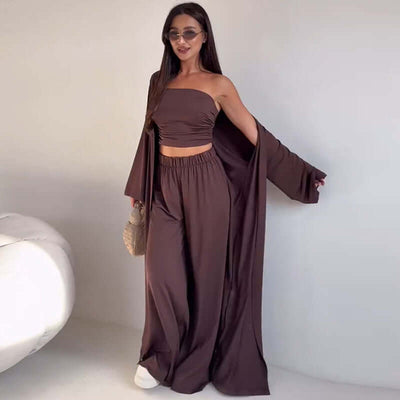 Casual Mid-calf Top Vest Long Cardigan Wide-leg Pants Three-piece Set eprolo