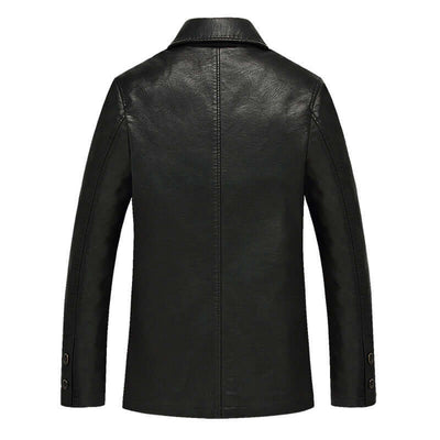 Back view of a black cotton lapel leather jacket for middle-aged and elderly men.