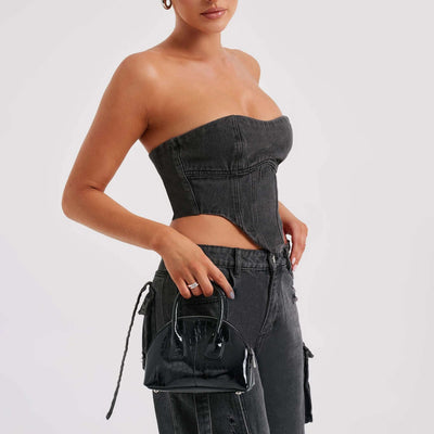 Women's low waist denim set with tube top and stitched pockets