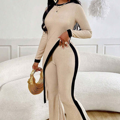 Women's 2 Piece Outfit Sexy Asymmetrical Hem Long Sleeve Top And Wide Leg Pants Sets Elegant Vacation Going Out Suit eprolo