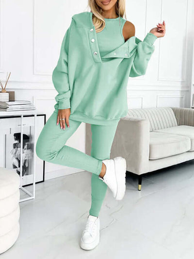 3pcs Women's Sports Suit Loose Hooded Pockets Sweatshirt And Vest And Slim Trousers eprolo