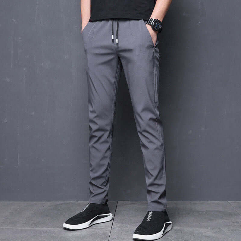 Men's breathable thin gray pants with high elasticity and straight fit, ideal for casual wear.