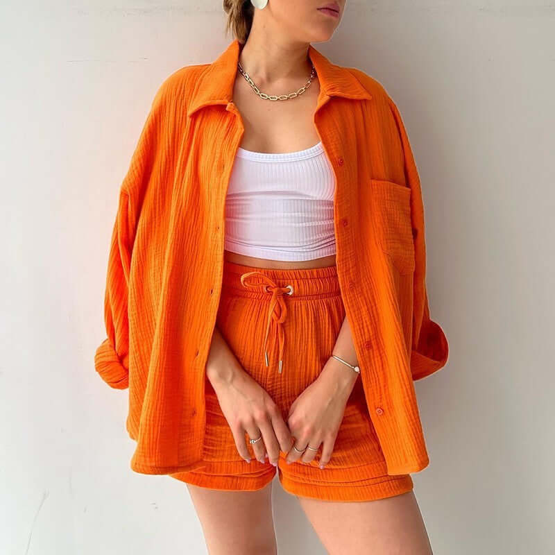 Spring Champray Lapel Long Sleeve Shirt High Waist Drawstring Shorts Plus Size Fashion Casual Set eprolo