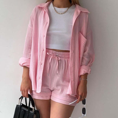 Spring Champray Lapel Long Sleeve Shirt High Waist Drawstring Shorts Plus Size Fashion Casual Set eprolo