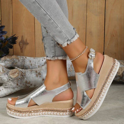 Summer Shiny Sandals Hollow Design Fish Mouth Sandal For Women Fashion Buckle Wedges Shoes eprolo