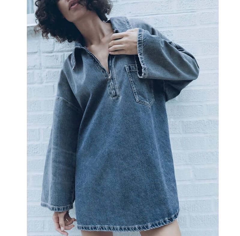 Lapel Patch Pocket Bell Sleeve Denim Dress eprolo