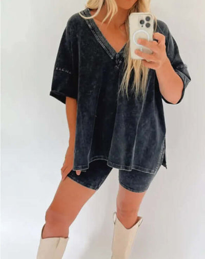 Women's V-Neck Denim-like Short-sleeved T-shirt Casual Shorts Suit eprolo