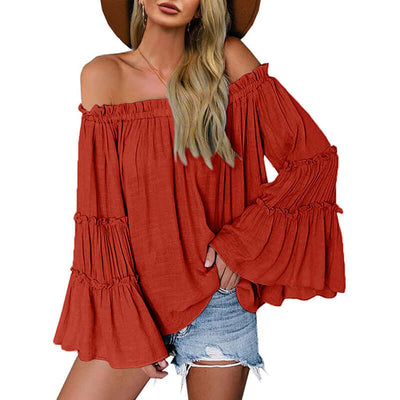 Women's Off Shoulder Blouse Long Flared Bell Sleeve Casual Loose Fit Top eprolo
