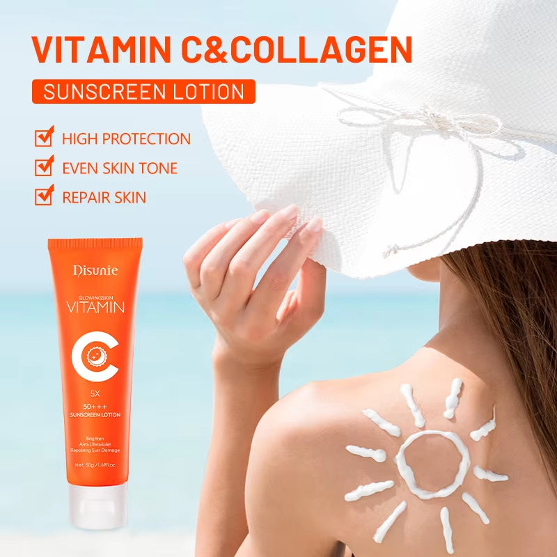 Sunscreen Cream Spf 50 Vitamin C Collagen Moisturizer Brightening Lotion Korean Skin Care Sun Block Sunscreen For The Black Skin eprolo