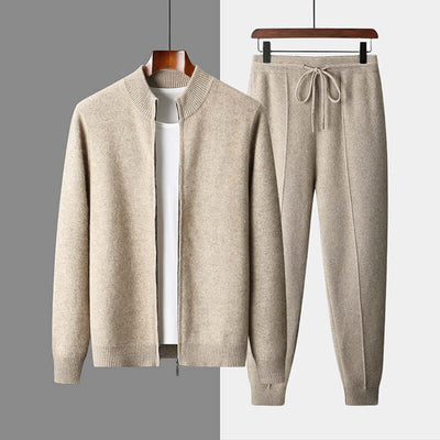 Men's wool cardigan and knitted pants set in camel color, perfect for spring and autumn, cozy and stylish for daily wear.