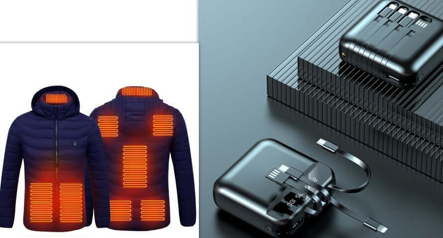 Men's heated jacket with visible heating elements and portable battery for adjustable warmth.