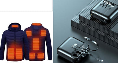 Men's heated jacket with visible heating elements and portable battery for adjustable warmth.
