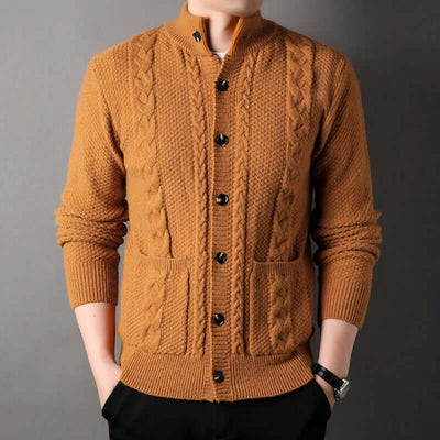 Stylish men's single-breasted cardigan in mustard with pockets, featuring a unique cable knit design, perfect for casual wear.