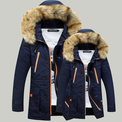 Navy padded winter jackets for men and women with faux fur hood and zippers, perfect for cold weather.
