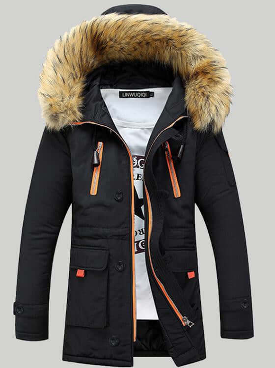 Hooded padded winter jacket with faux fur trim and zipper pockets, suitable for cold weather.