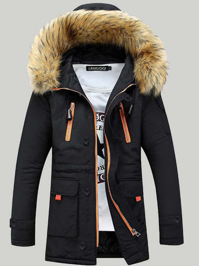 Hooded padded winter jacket with faux fur trim and zipper pockets, suitable for cold weather.