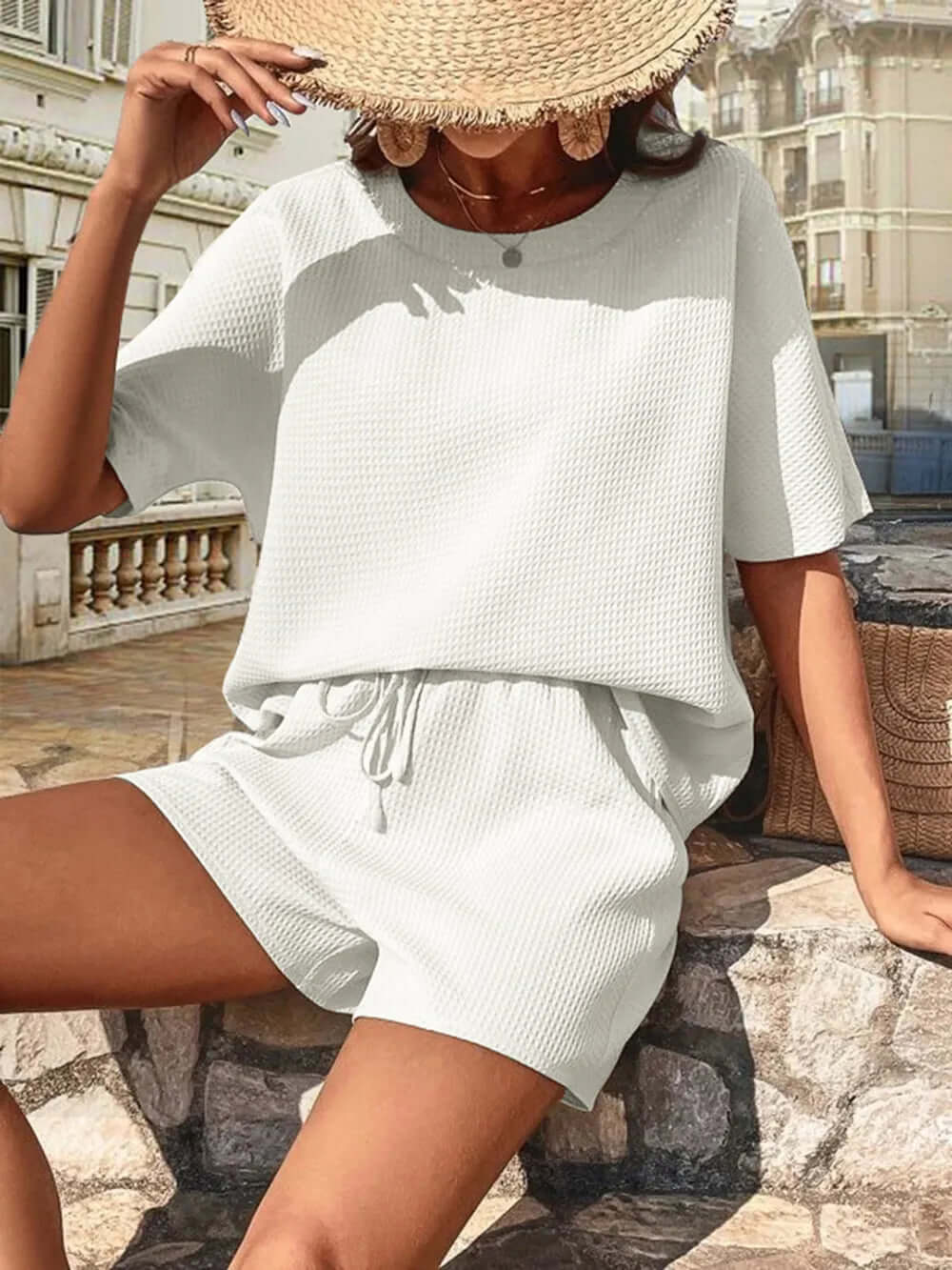 Waffle-Knit Half Sleeve Top and Shorts Set eprolo