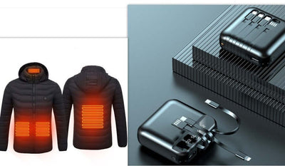 Men's heated jacket with visible heating elements, USB power bank on the side, showcasing winter thermal clothing features.