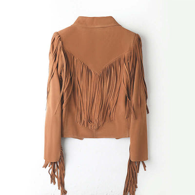 Back view of genuine leather sheepskin suede motorcycle jacket with tassels, in yellow-brown color.