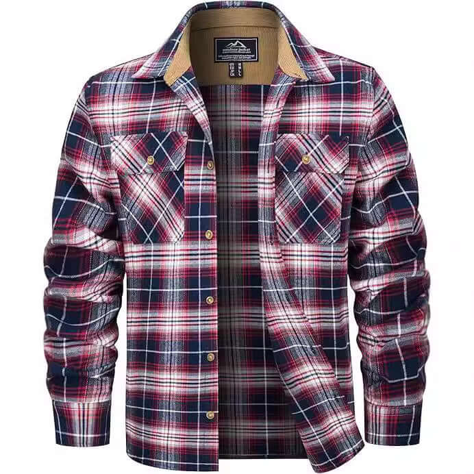 Men's plaid button-up shirt in navy and red colors, perfect for casual fall and winter wear.