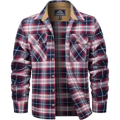 Men's plaid button-up shirt in navy and red colors, perfect for casual fall and winter wear.