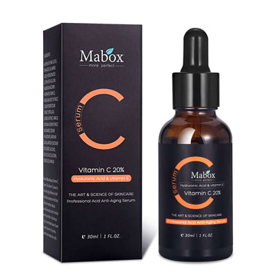 MABOX Vitamin C 20% serum with Hyaluronic Acid in a 30ml bottle for anti-aging skincare.