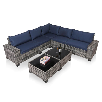 7-Piece Outdoor Patio Furniture Sets, All-Weather Wicker Rattan Sectional Sofa, Modern Two Glass Coffee Table And Washable Seat Cushion eprolo